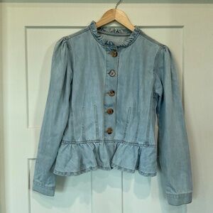 Carol Bassi Denim Jacket Ruffled Neckline and Pleated Ruffled waist